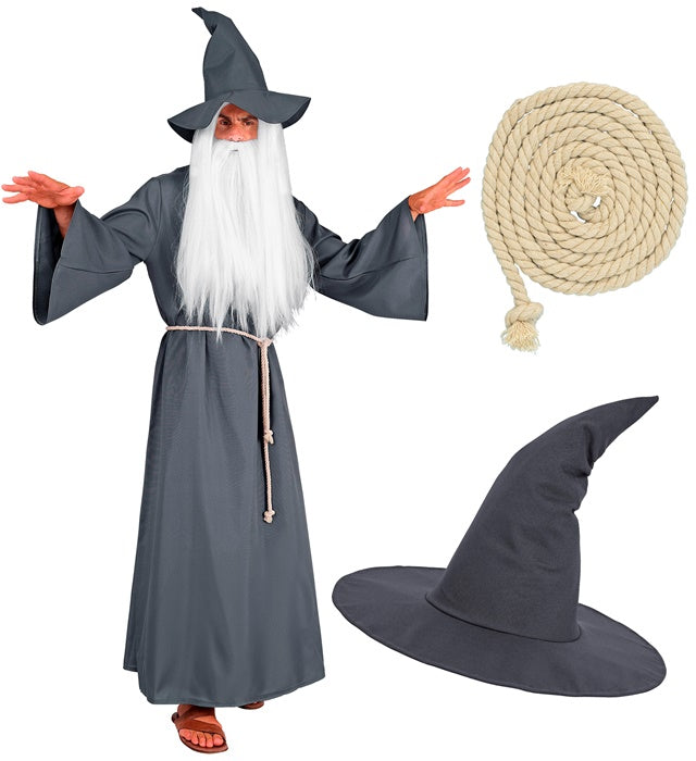 Zauberer Kostüm Set mit schwarzer Robe, Gürtel und spitzem Hut für Fasnacht
