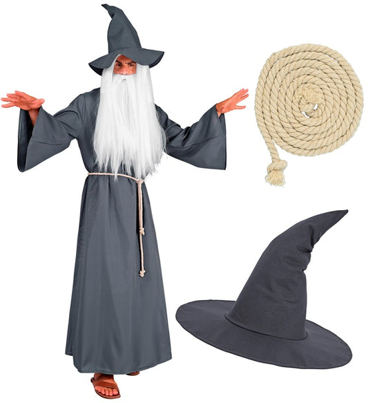 Zauberer Kostüm bestehend aus schwarzer Robe, Gürtel und spitzem Hut für Fasnacht