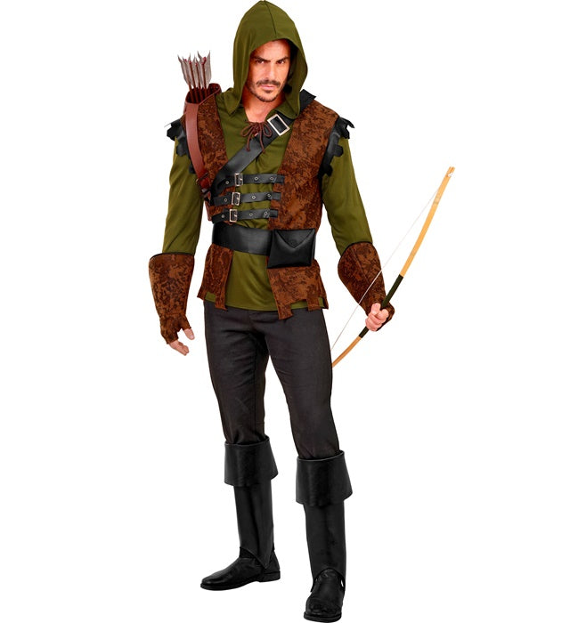 Robin Hood Kostüm mit Kapuzenoberteil, Weste, Schärpe, Gürtel, Handschuhen und Stiefelüberziehern