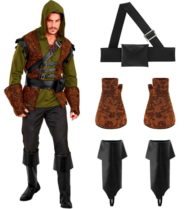 Robin Hood Kostüm-Set mit Kapuzenoberteil, Weste, Schärpe, Handschuhen und Stiefelüberziehern