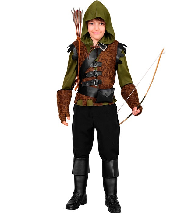 Robin Hood Kostüm Set mit Kapuzenoberteil, Weste, Schärpe, Gütel, Handschuhen und Stiefelüberziehern