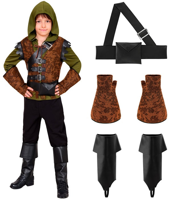 Robin Hood Kostüm Set mit Kapuzenoberteil, Weste, Schärpe, Gütel, Handschuhen und Stiefelüberziehern