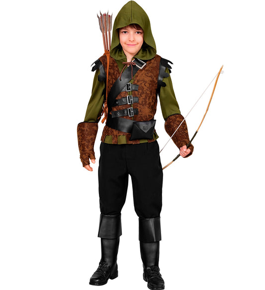 Jungen Robin Hood Kostüm mit Kapuze und Weste, Schärpe mit Schnalle, Gütel mit Tasche, Handschuhe, Stiefelüberzieher