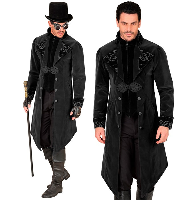 Schwarzer Gothic Mantel aus Samt mit weitem Kragen für Fasnachtskostüm