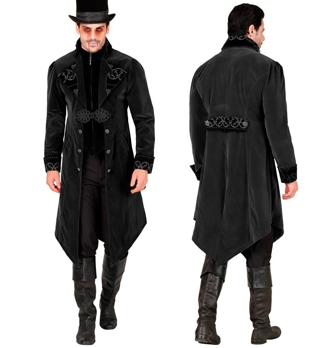 Schwarzer Gothic Mantel aus Samt mit weitem Kragen für Fasnachtskostüm