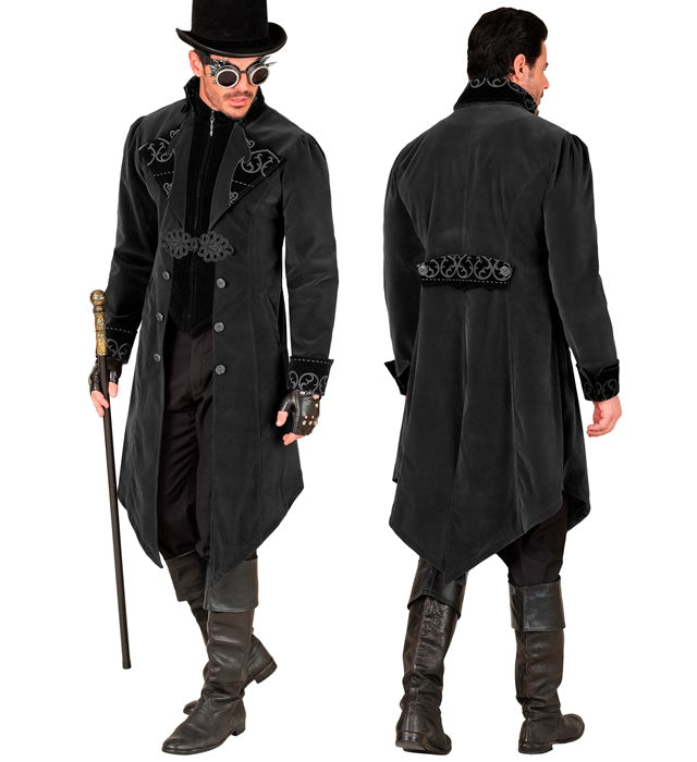 Schwarzer Gothic Mantel aus Samt mit weitem Kragen für Fasnachtskostüm