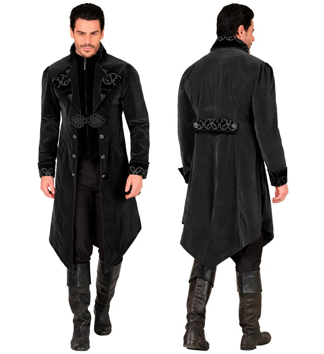 Schwarzer Gothic Mantel aus Samt mit weitem Kragen für Fasnachtskostüm