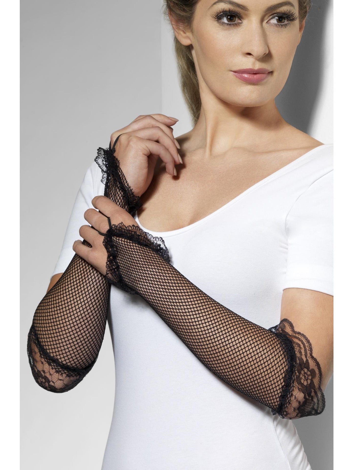 Smiffys FEVER Fingerless Fishnet Gloves Black, Black für Damen