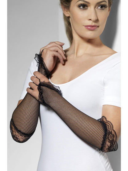 Smiffys FEVER Fingerless Fishnet Gloves Black, Black für Damen