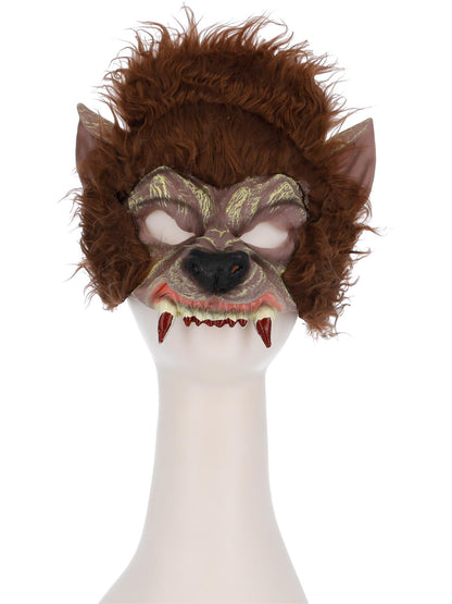 Smiffys braune Werwolf Halbgesichts-Latexmaske mit Fell und Zähnen – Detailansicht