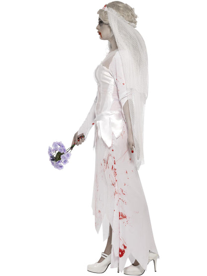 Smiffys Zombie-Brautkostüm für Damen in Weiss mit Kleid Schleier und Blumenstrauss – Seitenansicht