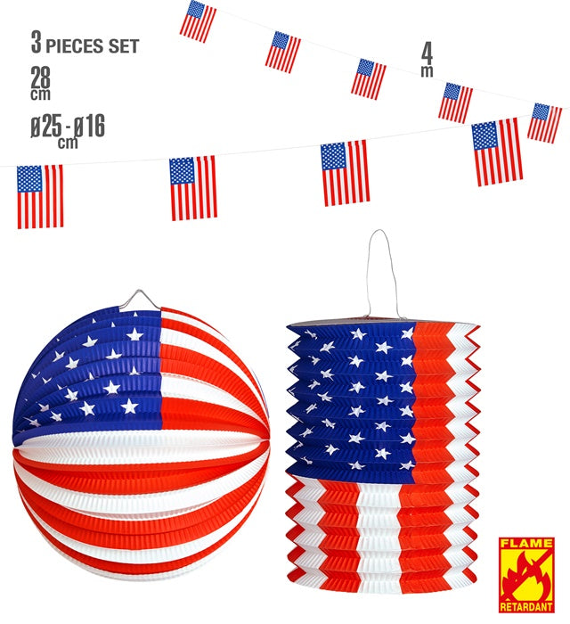 U.S.A. Wimpelkette mit blau-roten Lampion und Laterne als Partydekoration