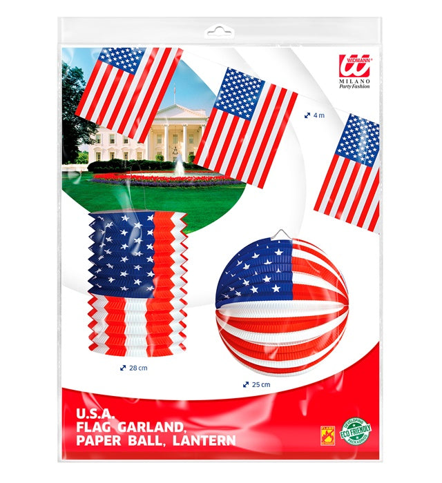 U.S.A. Wimpelkette mit blau-roten Lampion und Laterne als Partydekoration