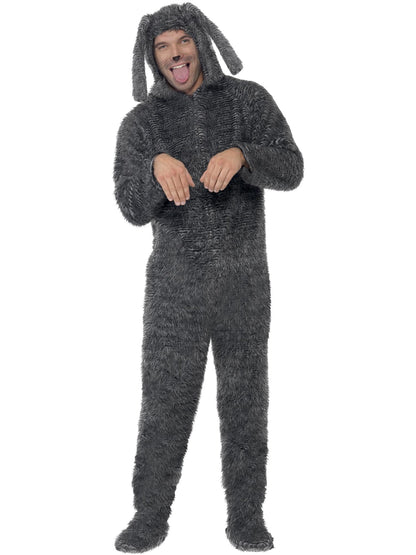 Smiffys Fluffy Dog Kostuem grau mit Kapuze fuer Erwachsene – Produktansicht