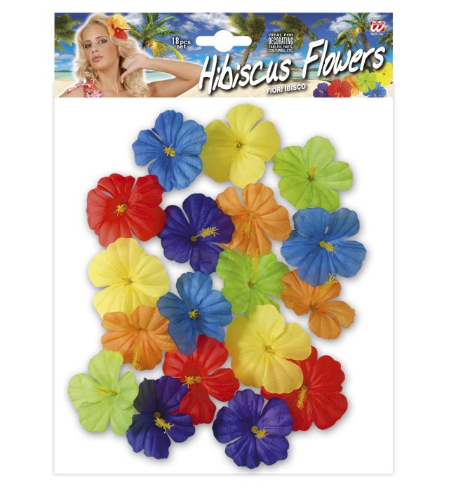 Set mit 18 farbenfrohen Hibiskusblumen in verschiedenen Farben