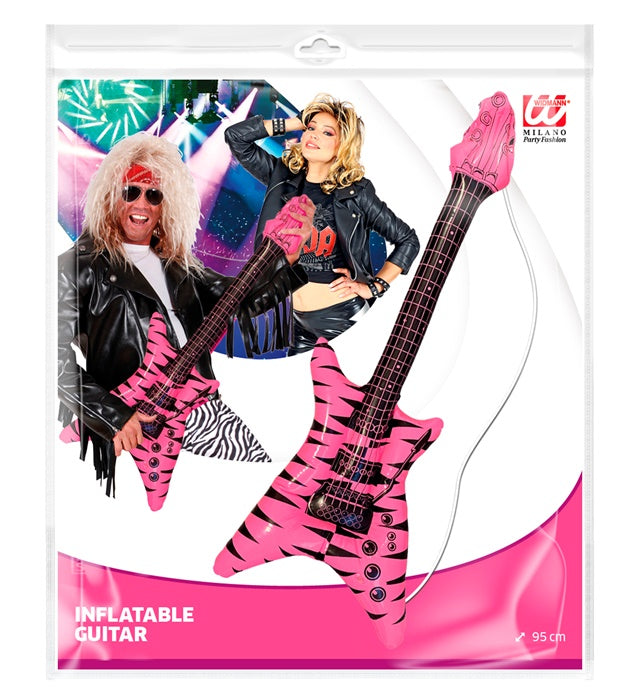 Aufblasbare Rock-Gitarre mit rosa-schwarzem Zebramuster und Schultergurt
