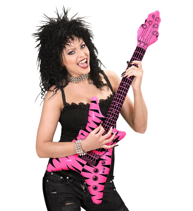 Aufblasbare Rock-Gitarre mit rosa-schwarzem Zebramuster und Schultergurt