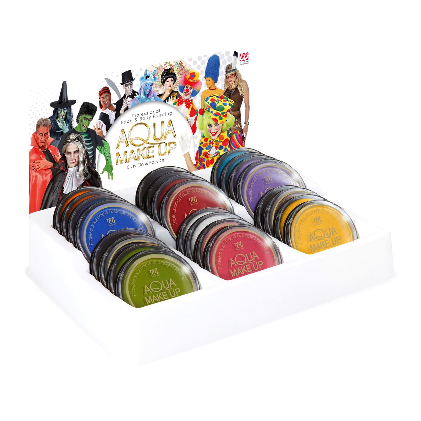 "24 AQUA MAKE-UP DISPLAY" - 10 mL - (2 Stück jeweils: weiß, schwarz, braun, rot, fuchsia, himmelblau, smaragdgrün, violett, blau, gelb, orange, grau) – Vorderansicht
