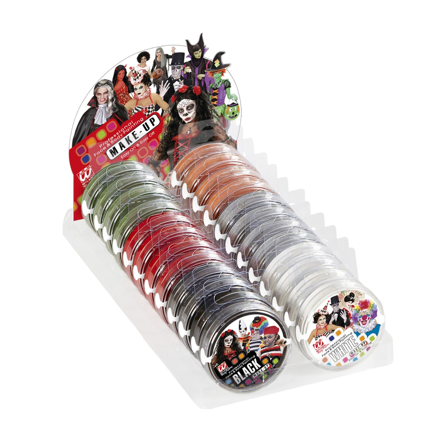 "24 HALLOWEEN MAKE UP IN SCHALE" Display Box (4 weiß, 4 schwarz, 4 rot, 4 silber, 4 grün, 4 orange) – Vorderansicht