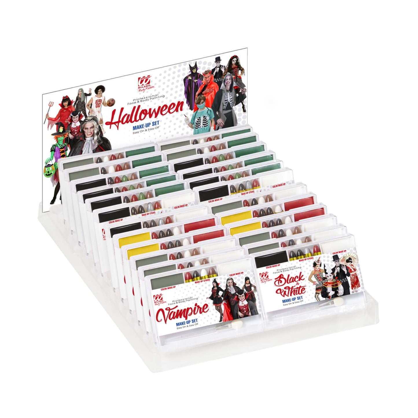 "24 HALLOWEEN MAKE UP SETS" Display Box (6 Vampir, 6 Hexe, 4 Teufel, 4 Zombie, 4 Schwarz & Weiß) – Vorderansicht