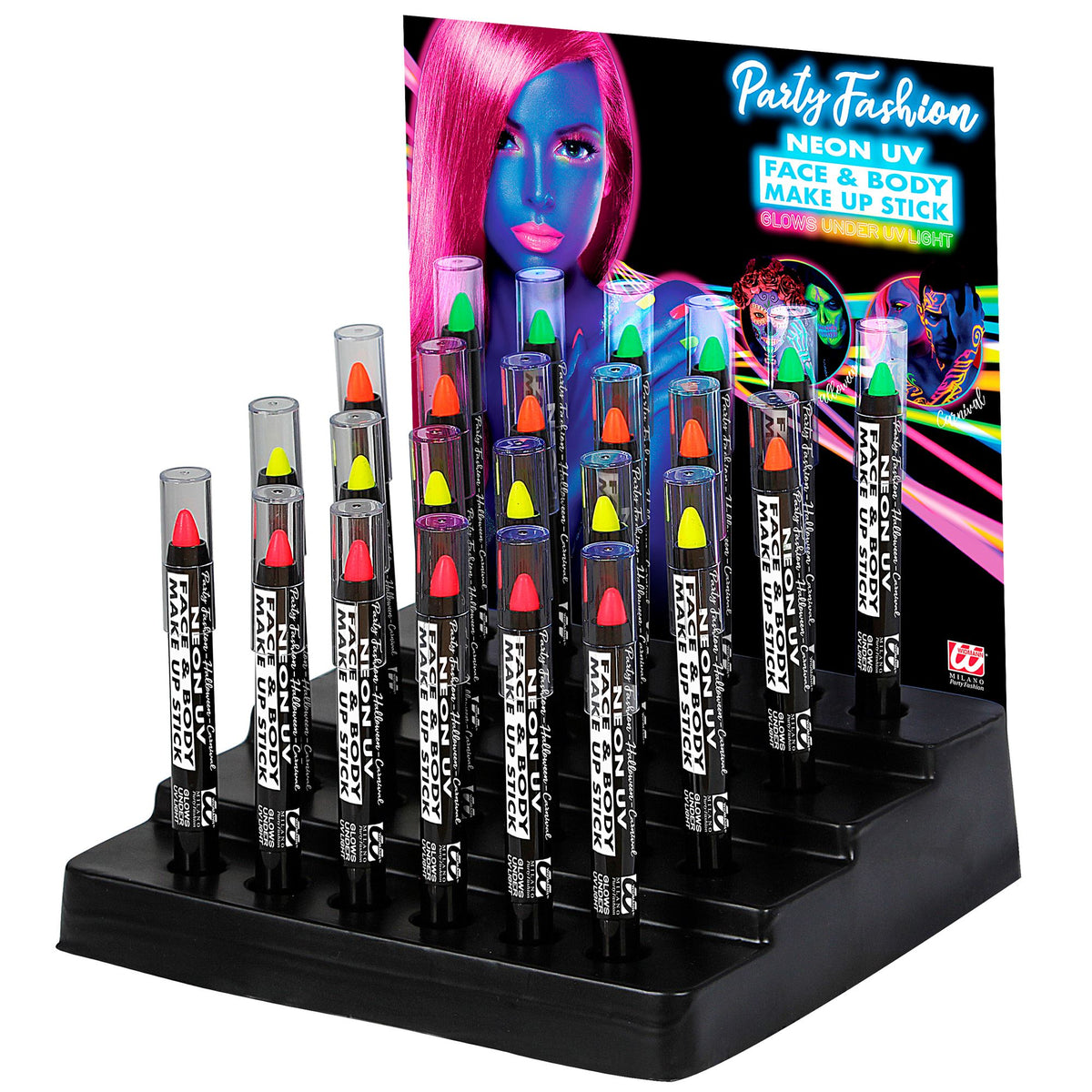 "24 HERAUSDREHBARE NEON SCHMINKSTIFTE" - 3,5 ml - in Displaybox (6 x neon rosa, neon gelb, neon grün, neon orange) – Vorderansicht