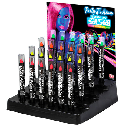 "24 HERAUSDREHBARE NEON SCHMINKSTIFTE" - 3,5 ml - in Displaybox (6 x neon rosa, neon gelb, neon grün, neon orange) – Vorderansicht