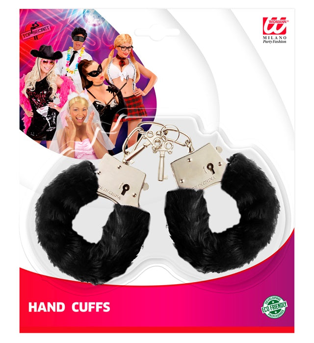 Schwarze Handschellen mit weichem Fell als Fasnacht-Accessoire