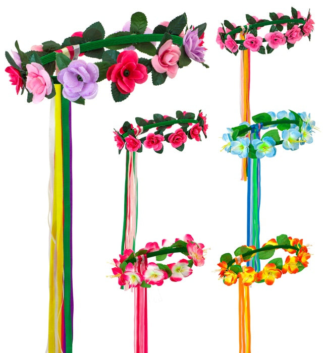 Farbenfrohes Blumendiadem mit bunten Bändern in sechs Farben