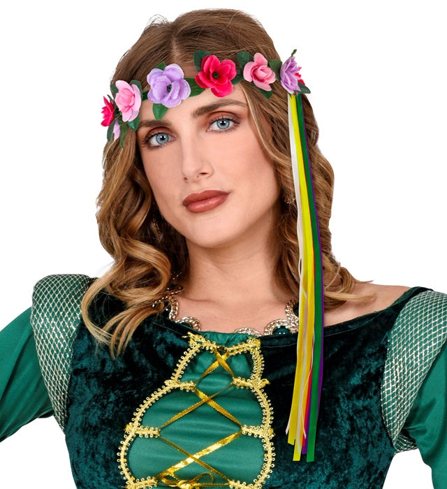 Farbenfrohes Blumendiadem mit bunten Bändern in sechs Farben