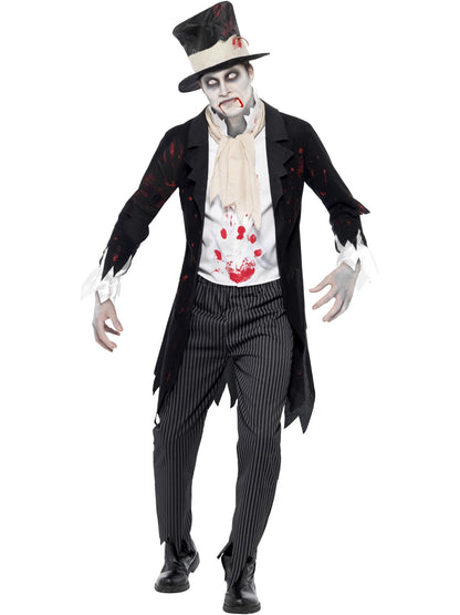 Smiffys Zombie-Groom-Kostüm für Herren in Schwarz mit Jacke, Weste, Schal, Hose und Zylinder – Produktansicht
