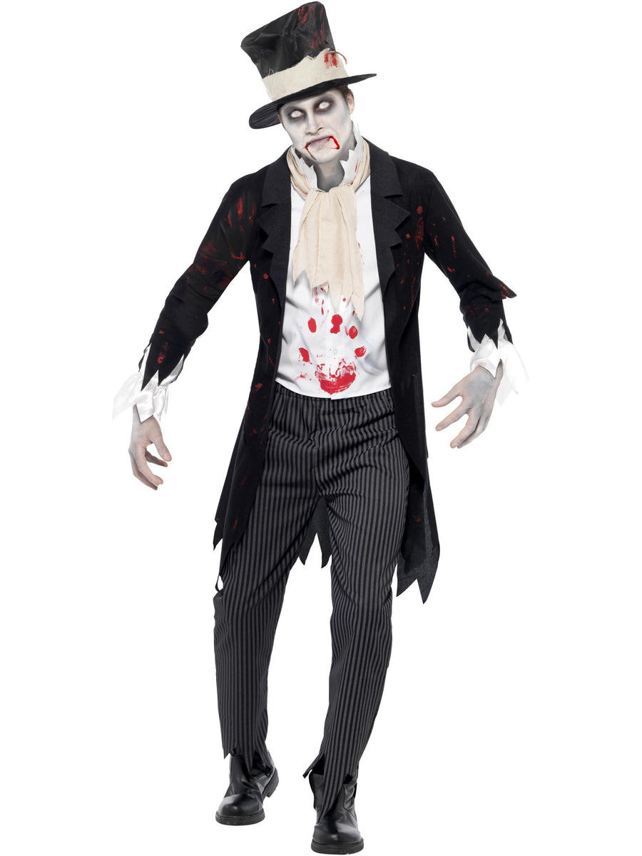 Smiffys Zombie-Groom-Kostüm für Herren in Schwarz mit Jacke, Weste, Schal, Hose und Zylinder – Produktansicht