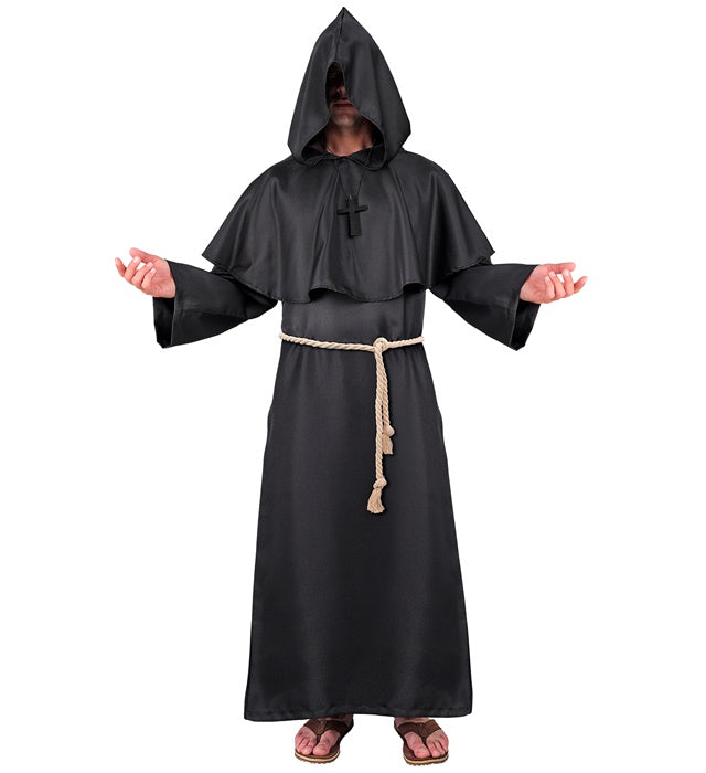 Dunkler Mönch Kostüm mit Robe, Kapuze und Kreuzkette auf weißem Hintergrund