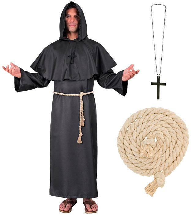 Dunkler Mönch Kostüm mit Robe, Kapuze und Kreuzkette auf weißem Hintergrund