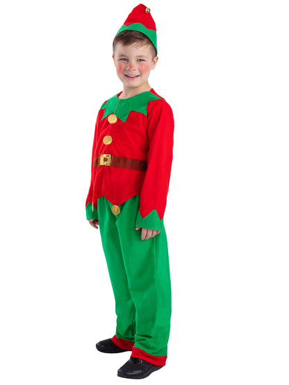 Smiffys Elf-Kostüm für Kinder in Rot und Grün mit Tunika, Hose und Hut – Seitenansicht