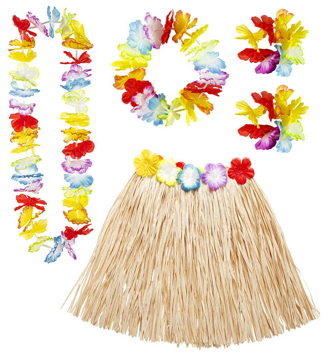 "NATURFARBENES HAWAII-SET"  (Bastrock mit Blumengürtel, Halskette, Stirnband, 2 Armbänder) Diverse Farben