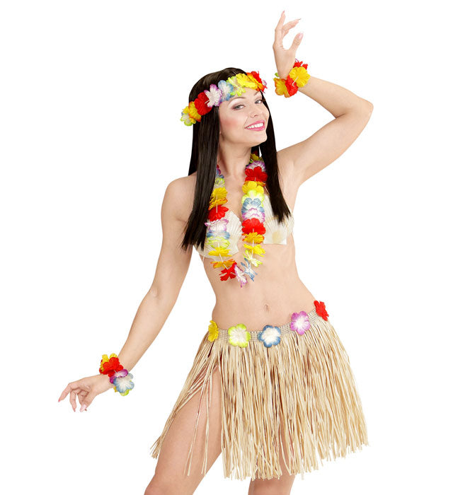 "NATURFARBENES HAWAII-SET"  (Bastrock mit Blumengürtel, Halskette, Stirnband, 2 Armbänder) Diverse Farben