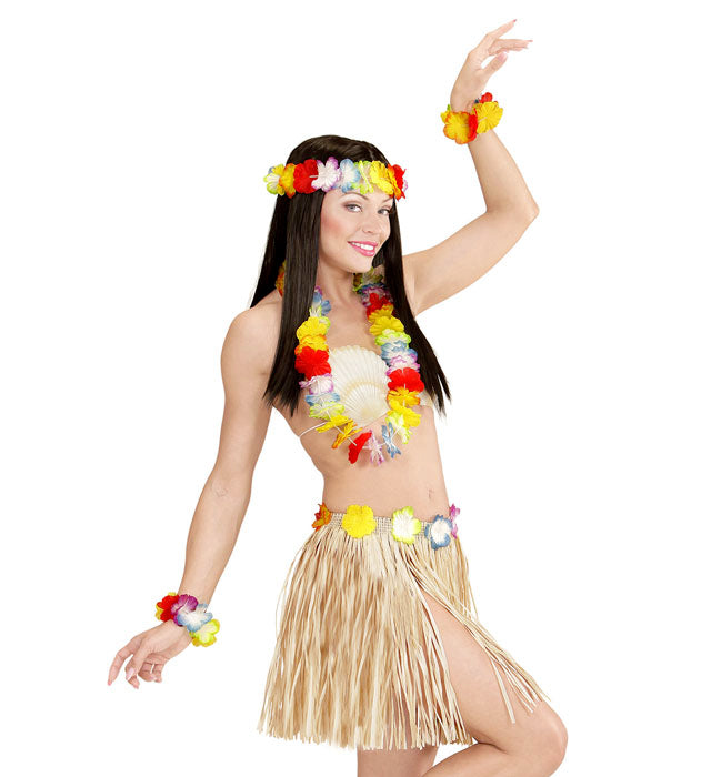 "NATURFARBENES HAWAII-SET"  (Bastrock mit Blumengürtel, Halskette, Stirnband, 2 Armbänder) Diverse Farben