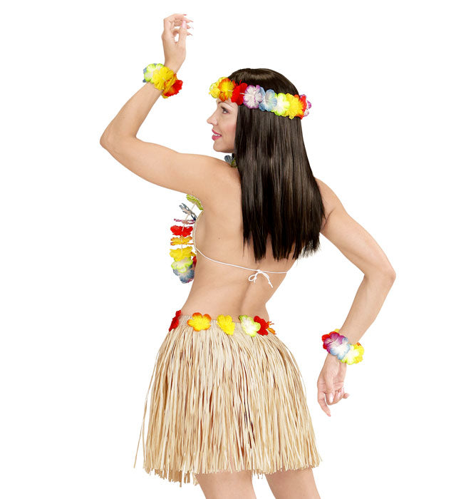 "NATURFARBENES HAWAII-SET"  (Bastrock mit Blumengürtel, Halskette, Stirnband, 2 Armbänder) Diverse Farben