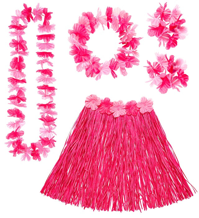 Pinkes Hawaii Kostümset mit Bastrock, Blumengürtel, Halskette, Stirnband und Armbändern