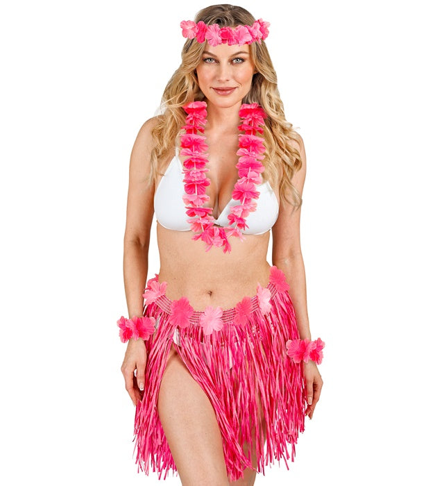 Pinkes Hawaii Kostümset mit Bastrock, Blumengürtel, Halskette, Stirnband und Armbändern
