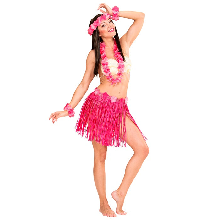 Pinkes Hawaii Kostümset mit Bastrock, Blumengürtel, Halskette, Stirnband und Armbändern