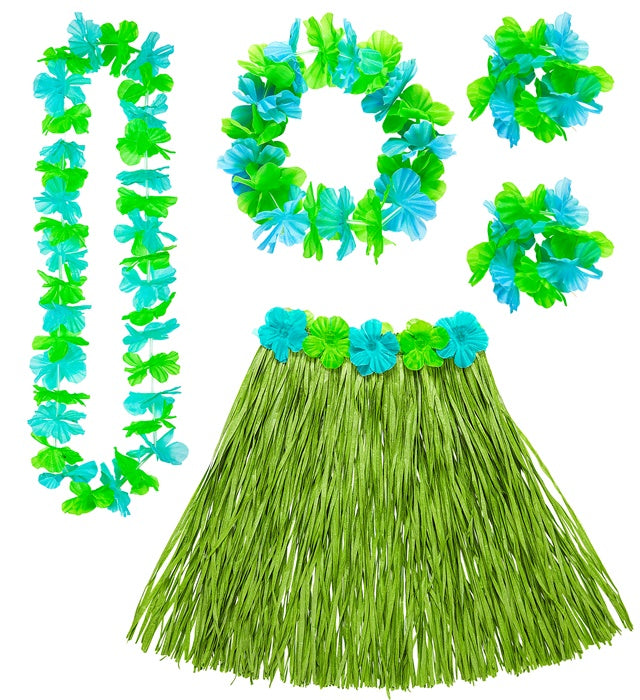 Grünes Hawaii-Set bestehend aus Bastrock, Blumengürtel, Halskette, Stirnband und Armbändern