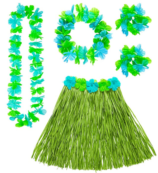 Grünes Hawaii-Set bestehend aus Bastrock, Blumengürtel, Halskette, Stirnband und Armbändern