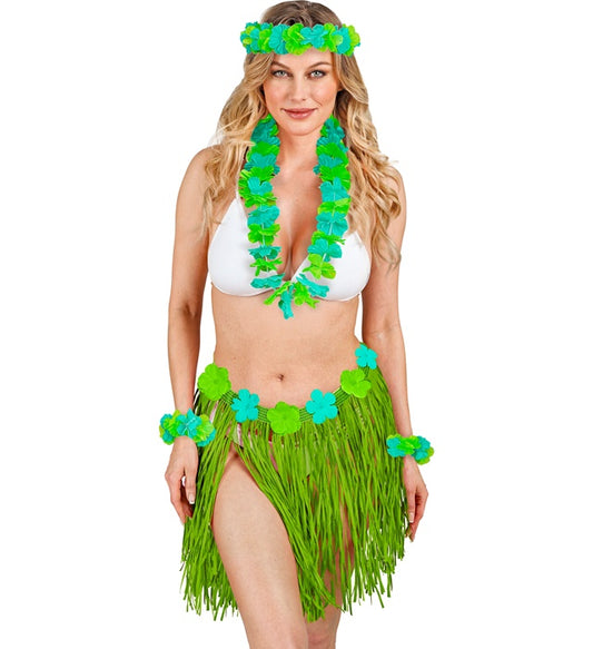 Grünes Hawaii-Set bestehend aus Bastrock, Blumengürtel, Halskette, Stirnband und Armbändern