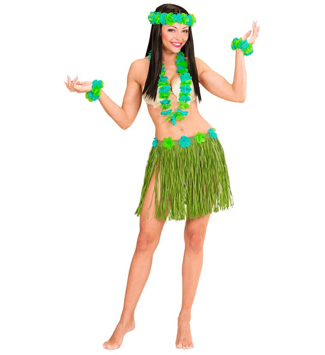 Grünes Hawaii-Set bestehend aus Bastrock, Blumengürtel, Halskette, Stirnband und Armbändern