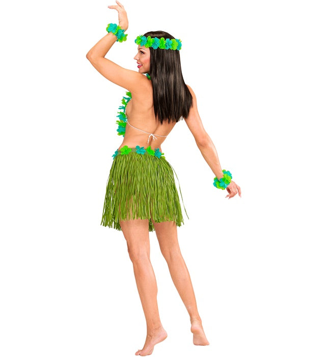 Grünes Hawaii-Set bestehend aus Bastrock, Blumengürtel, Halskette, Stirnband und Armbändern