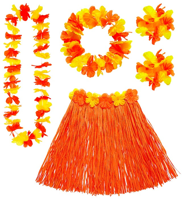 Orangenes Hawaii-Set mit Bastrock, Blumengürtel, Halskette, Stirnband und Armbändern