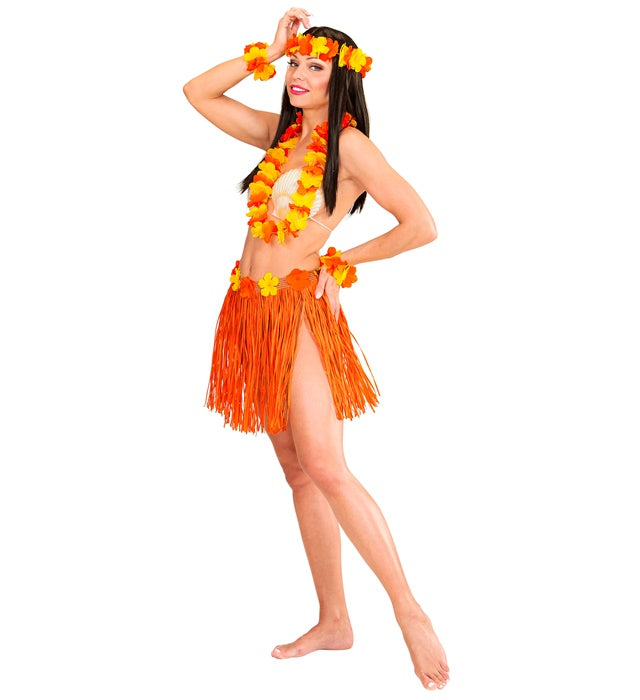 Orangenes Hawaii-Set mit Bastrock, Blumengürtel, Halskette, Stirnband und Armbändern