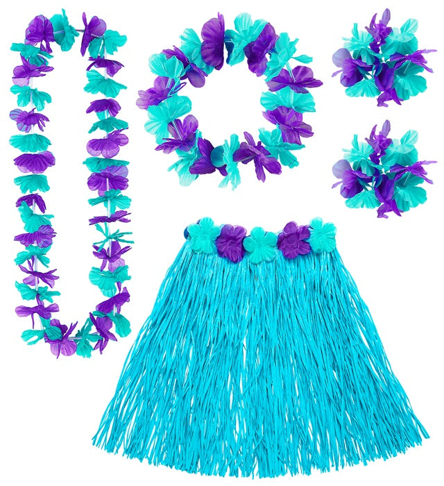 Blaues Hawaii-Kostüm-Set mit Bastrock, Blumengürtel, Halskette, Stirnband und Armbändern
