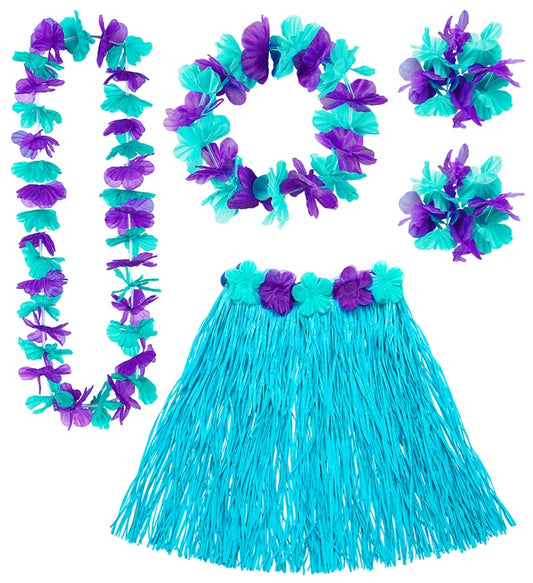 Blaues Hawaii-Kostüm-Set mit Bastrock, Blumengürtel, Halskette, Stirnband und Armbändern